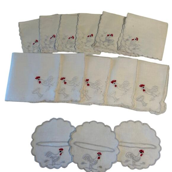 Vtg Rooster Embroidered Linen Cocktail Napkins 11 napkins 3 Coasters - Picture 1 of 8